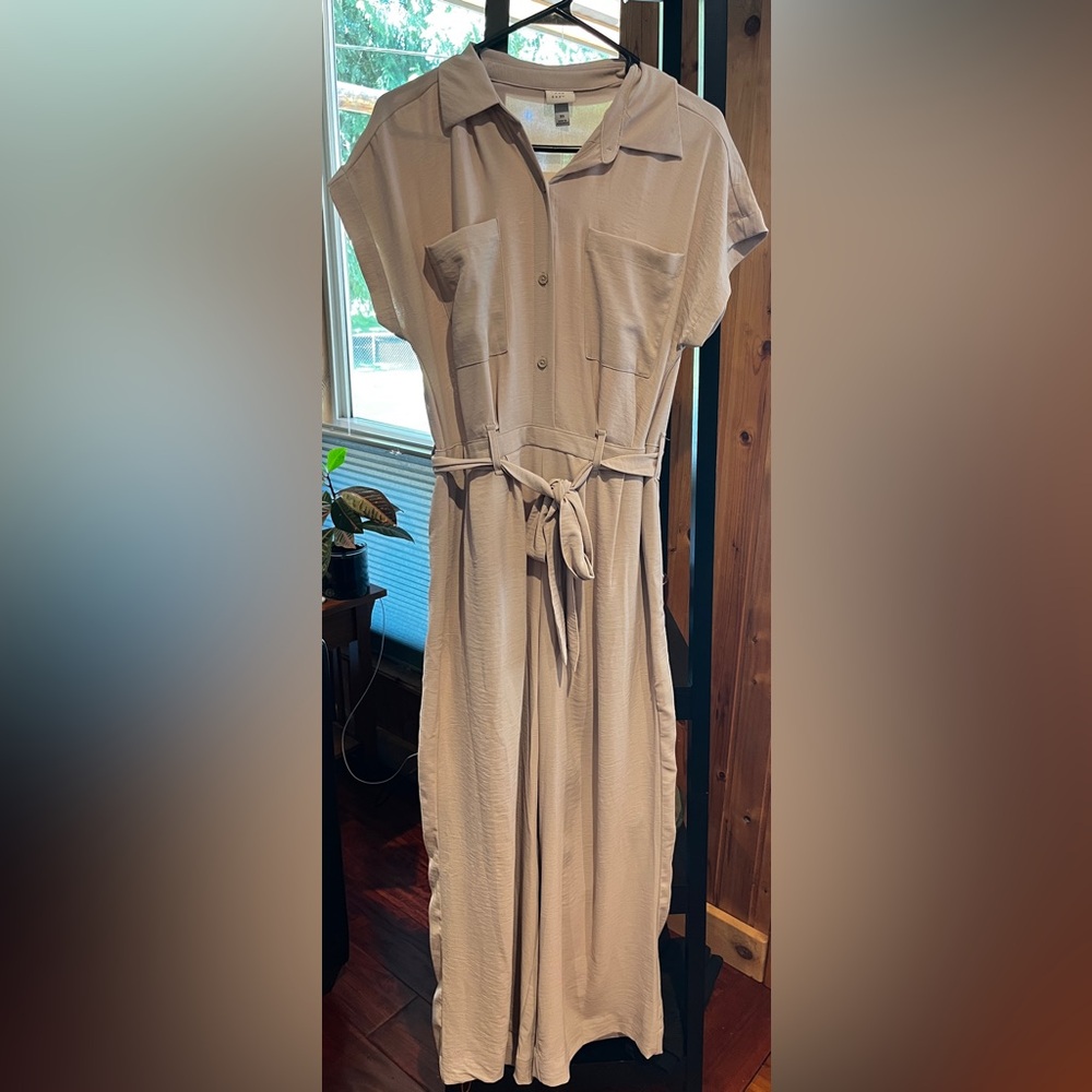 A New Day Tan Buttoned Tie Front Jumpsuit